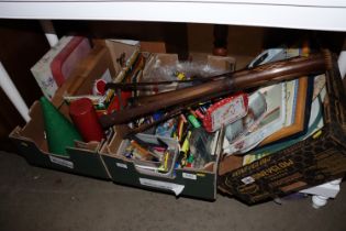 Three boxes of various stationery; trays; Christmas decorations etc