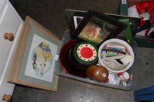 A box containing stoneware bottle, various other c