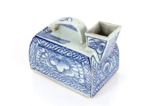 An unusual 19th Century Chinese porcelain blue and white vessel of rectangular form, having strap