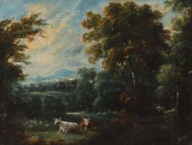 19th Century school, study of seated highland cows in woodland landscape, unsigned oil on board