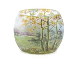 A Daum Nancy vase, of oval form decorated rural scene with river and trees, 10cm long x 8cm high