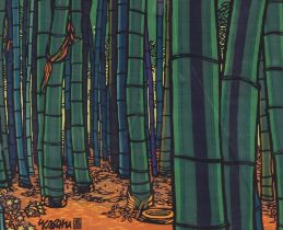 Clifton Karhu, "Bamboo" lino cut on fabric, 47cm x 58cm