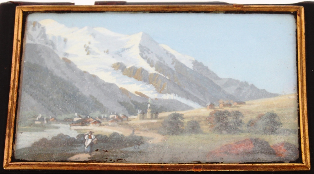 A 19th Century faux tortoiseshell musical snuff box, the lid decorated with an Alpine scene, - Bild 2 aus 6