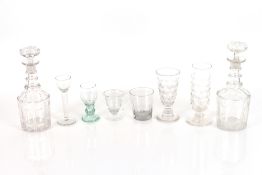 A collection of Georgian and later antique glass including a pair of decanters, an unusual lead