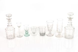 A collection of Georgian and later antique glass including a pair of decanters, an unusual lead