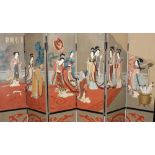 A large and impressive late 20th Century painted Chinese six fold screen, each panel measuring