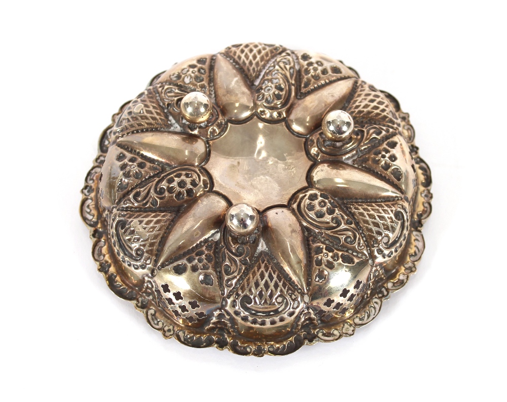 A small copper lidded bowl with handle; various copper moulds; a miniature copper jug; and a pierced - Image 4 of 4