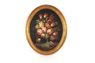 Italian school, early 20th Century, a pair of studies of summer flowers in urns, oils on canvas,