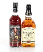 Ron Con Especias Bacardi Spiced Rum, 1L, 43% Vol.; a bottle of Captain Morgan Rum, 70cl, 40% Vol.