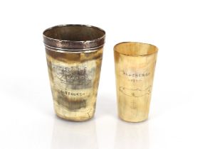 A silver rimmed horn beaker, having marks to rim, scrimshaw decorated with a ship and whale and