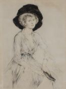 Adrien Etienne Drian 1885-1961, a large pencil signed etching depicting a seated society lady in