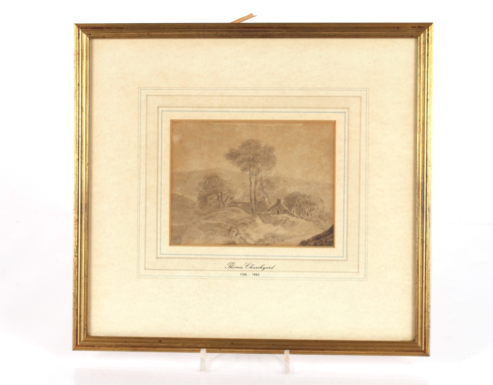 Attributed to Thomas Churchyard 1798-1868, study of a farm, sepia watercolour, 13cm x 17cm