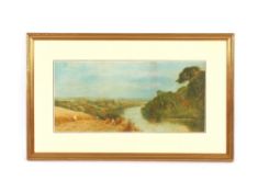 Frederick Hines, harvesting scene with river estuary nearby, signed watercolour 25cm x 55cm