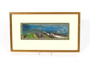 Contemporary school, study of a Suffolk landscape indistinctly signed watercolour 9.5cm x 31cm