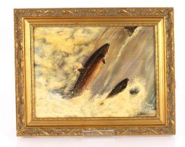 P. Casemore, "Jumping Salmon" oil on canvas, 29cm