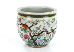 A finely painted 19th Century Chinese porcelain famille verte fish bowl, decorated with birds and