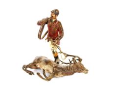 Franz Bergman, cold painted bronze of a huntsman and stag, marked to base 8.5cm high x 9cm long