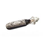 A silver and foliate engraved spectacle case, with suspension belt hook by George Unite,