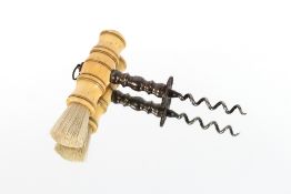 A Georgian bone handled steel corkscrew, with integral brush