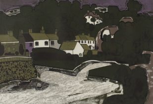 Graham Clarke, "Helford" limited edition lino cut 34/50, 1966, plate 48cm x 65cm