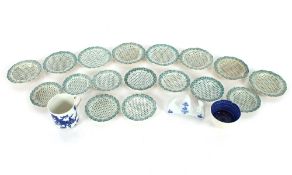 A collection of Staffordshire dolls plates with green and white transfer decoration; a late 18th