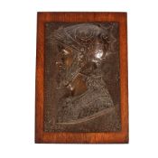 A pair of bronze profile plaques, head and shoulders studies of Greek warriors, 50cm x 34cm, set