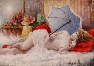 Jean Claude Saurel born 1947, "Paula And The Blue Umbrella" signed and inscribed verso in painted
