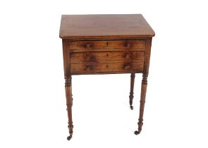 A late regency mahogany work table, fitted single drawer and double fronted deep drawer, drop flap