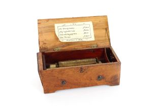 ** Online video available ** An early 19th Century Swiss music box, drop end key wind, playing four