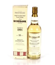 A bottle of Rosebank single lowland Whisky, aged 10 Years, distilled in 1991, 70cl, 43% Vol. with