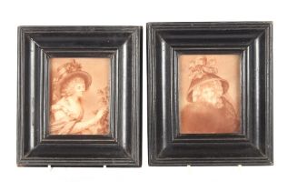A pair of 19th Century monochrome portraits in ebonised frames, image size 12cm x 9.5cm, frame
