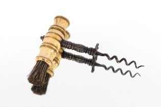 A Georgian bone handled steel corkscrew, with integral brush