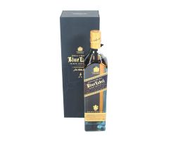 A boxed bottle of Johnnie Walker Blue Label blended scotch whisky