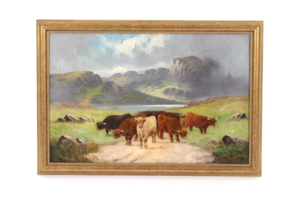 Henry Calvert, highland landscape with long horn cattle in the foreground, signed oil on canvas ( - Image 2 of 2