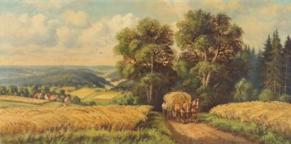 Horst Baumgart, study of a rural landscape with horse and haywain travelling along a country road,