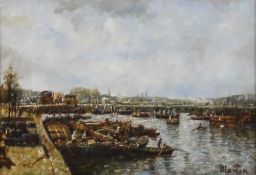 Martin, study of a harbour scene, signed oil on board 11cm x 16cm, in decorative gilt frame