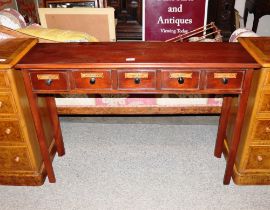 A mahogany five drawer Chemist type side table, each drawer labelled, raised on square section