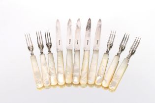 A set of six silver and mother of pearl handled fruit forks and five knives