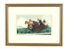 Mark Randall, steeple chasing scene entitled "Three Together", signed oil on board, 13.5cm x 23cm