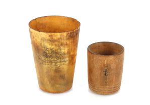 A horn beaker with scrimshaw decoration of ship and whale, with crossed harpoons inscribed