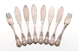 A cased set of six plated fruit knives by Elkington & Co.; a cased set of six each fish knives and