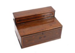 An 18th Century oak and inlaid writing box, the raised section fitted shallow drawer, hinged