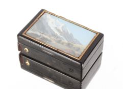 A 19th Century faux tortoiseshell musical snuff box, the lid decorated with an Alpine scene,