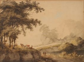 19th Century school, rural scene with cattle and figures, unsigned watercolour, 25cm x 22cm