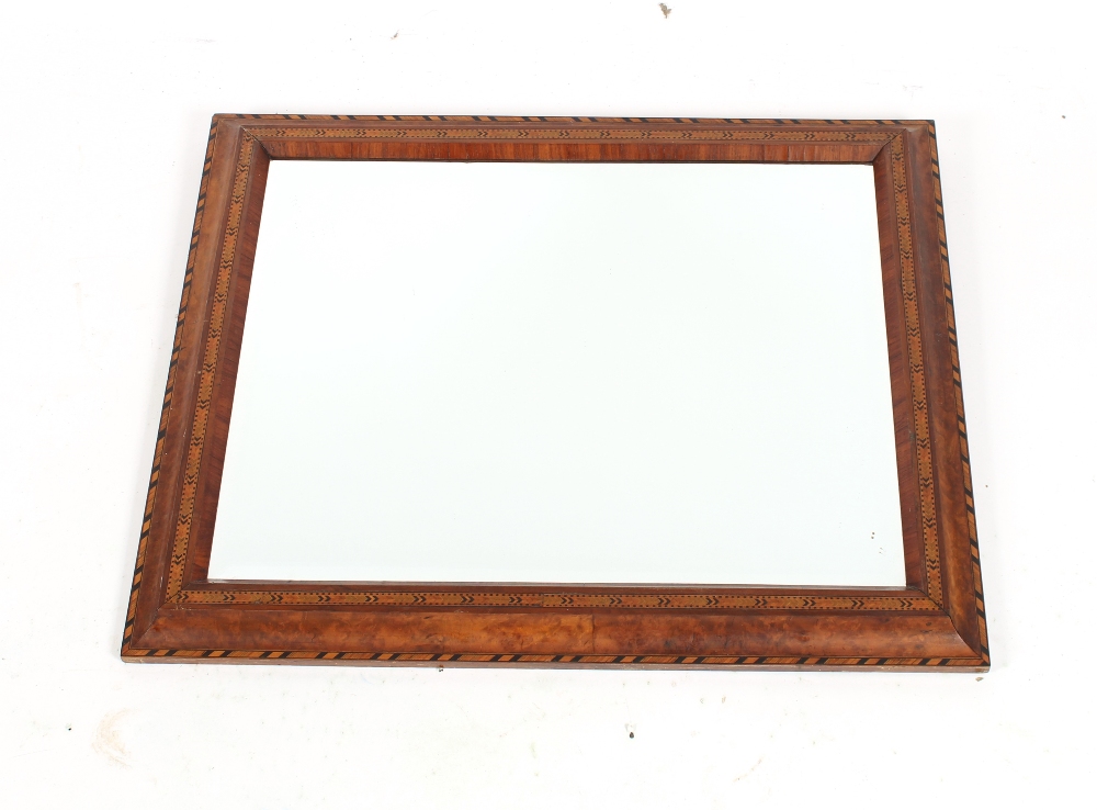 A pair of 19th Century walnut chequer banded and inlaid bevel edged wall mirrors, 74cm x 61cm