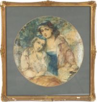 J.J. Hill, watercolour study of two young girls, pencil signed bottom right, framed as an oval, 39cm