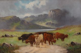 Henry Calvert, highland landscape with long horn cattle in the foreground, signed oil on canvas (