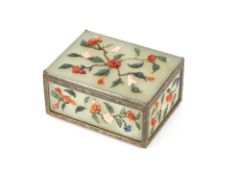 An early 20th Century Chinese jade box, decorated with hardstone flowers, 13cm