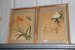 Two Oriental paintings on fabric depicting birds a