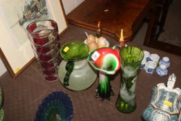 A Mary Gregory style glass vase; two Art Glass vas